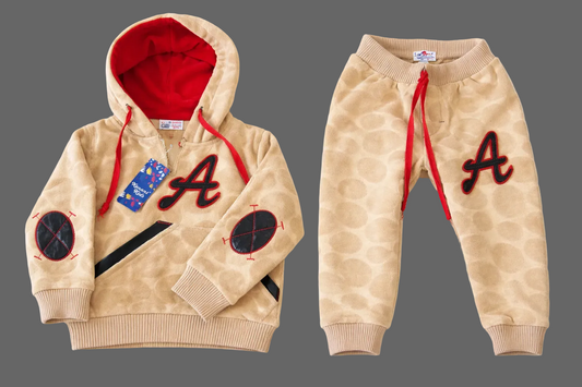 Kids beige hoodie and jogger set with red details and textured fabric – Kenani Kids outfit