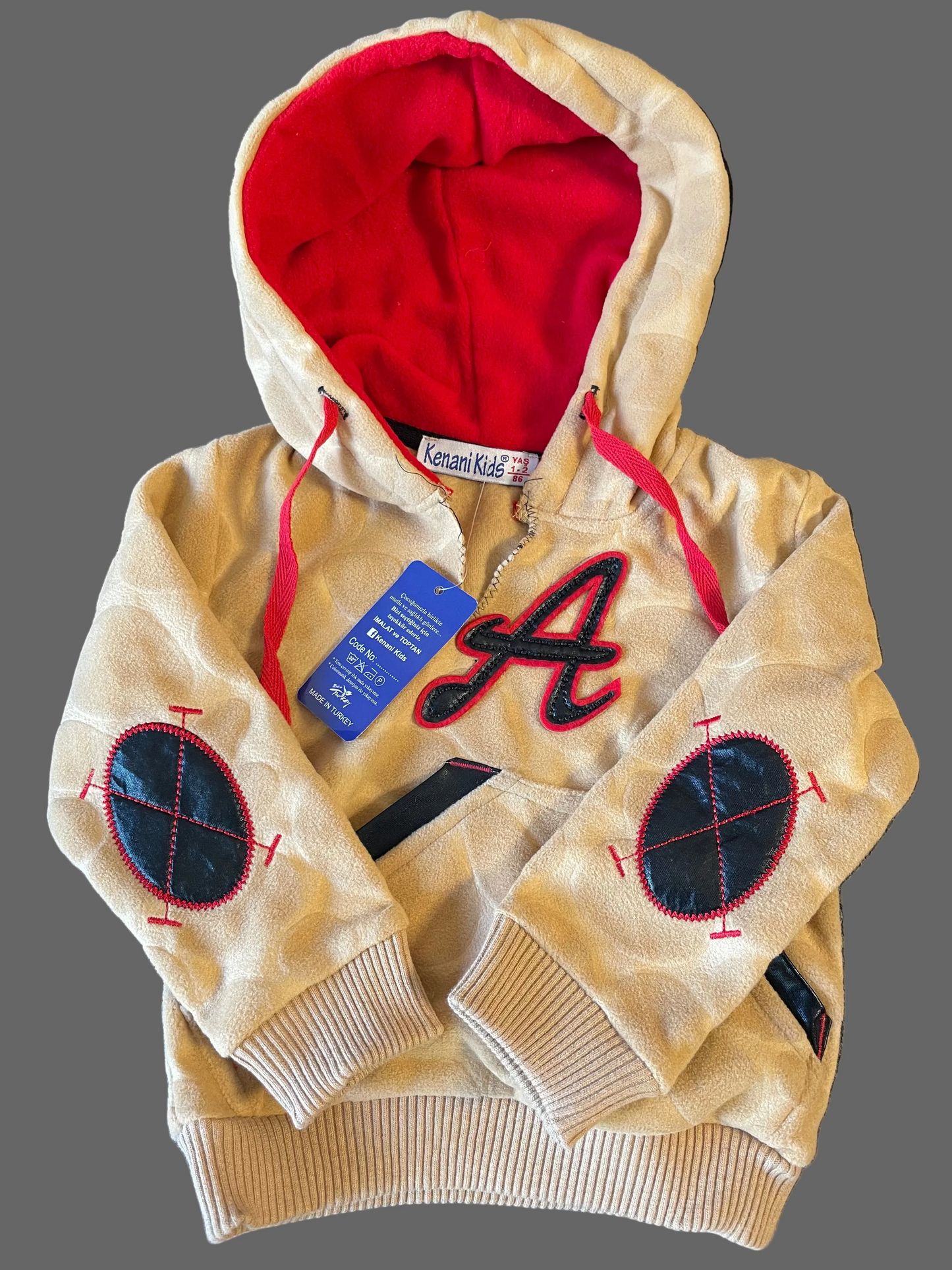 Kids Premium Textured Hoodie & Jogger Set, Beige with Red Details