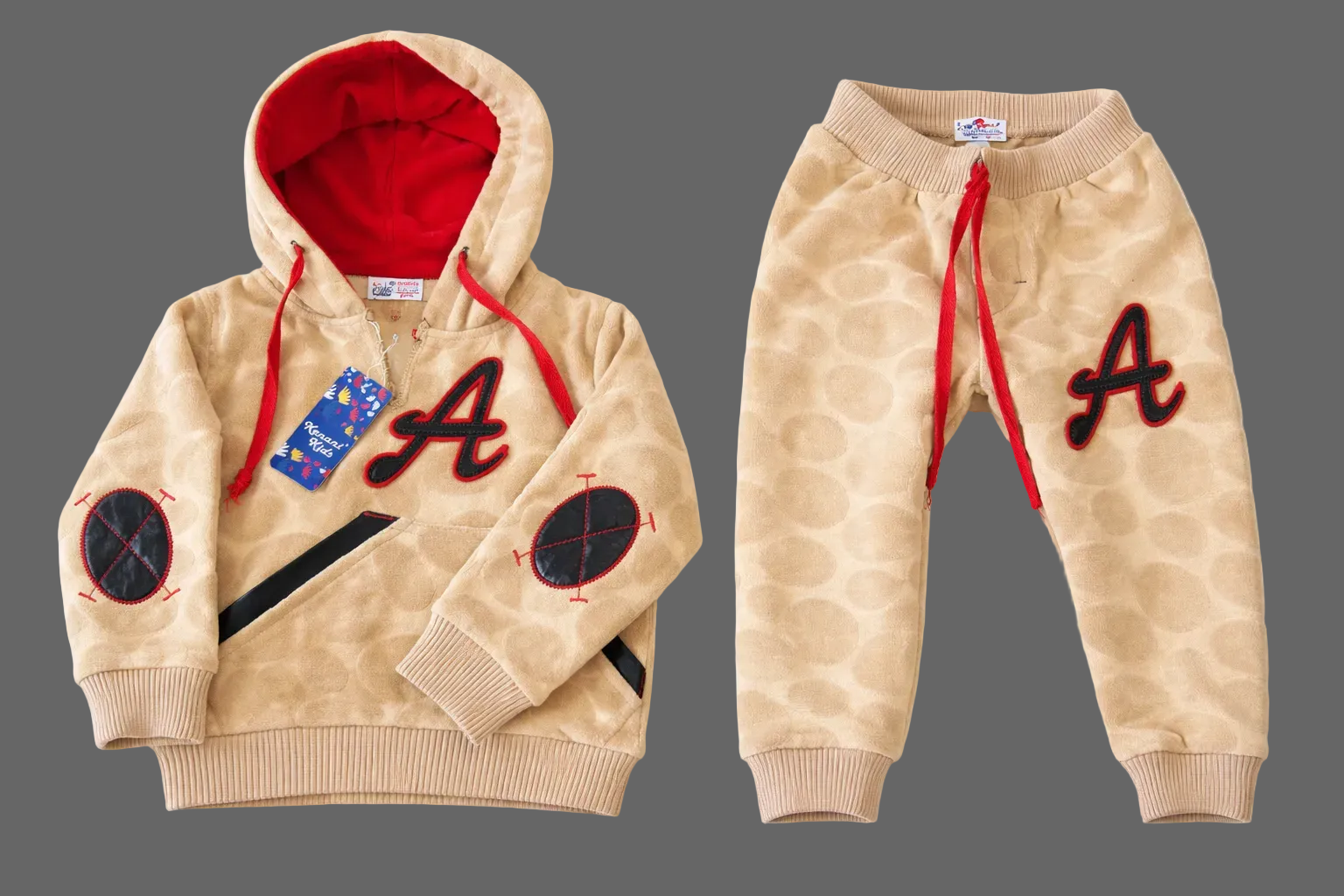 Kids beige hoodie and jogger set with red details and textured fabric – Kenani Kids outfit
