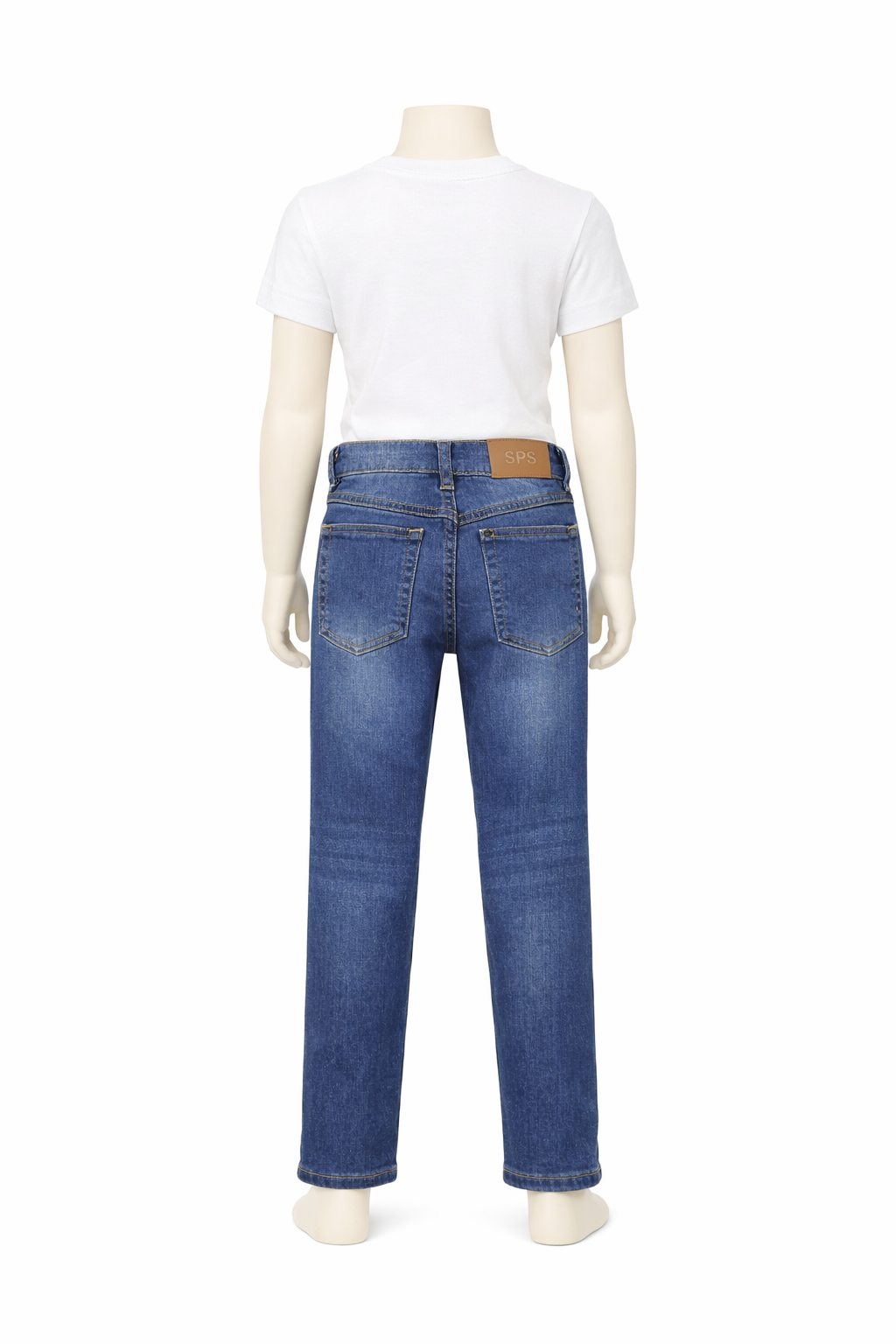 sps-kids-denim-jeans-back-logo-detail2 Mannequin wearing blue jeans and a white t-shirt on a white background