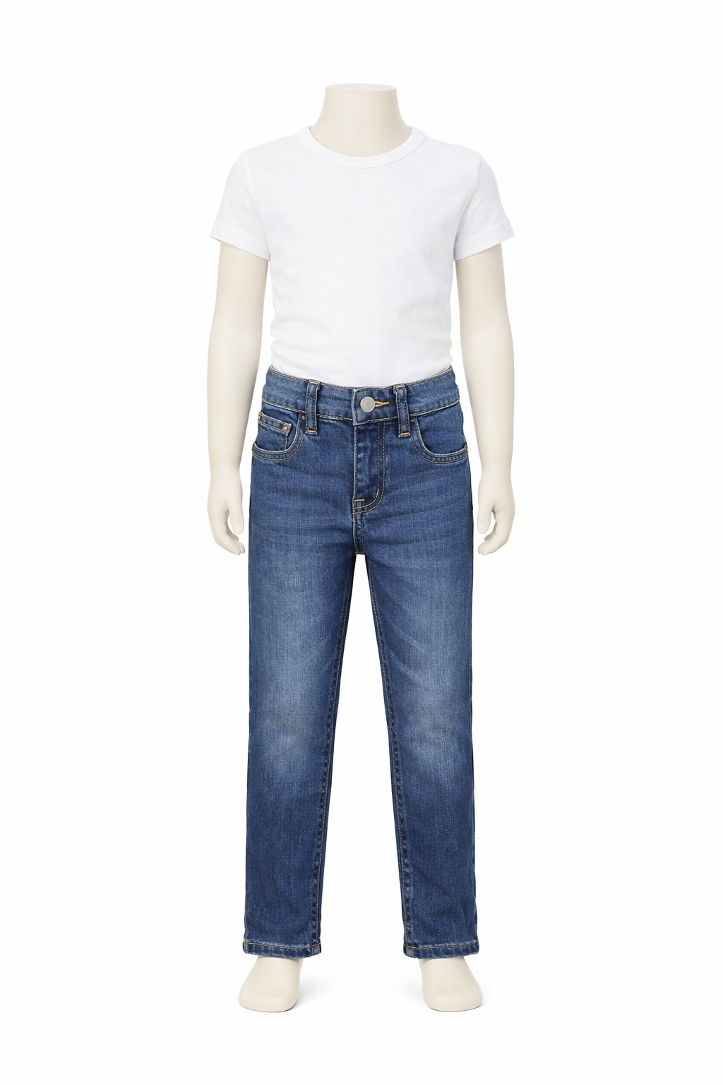 sps-kids-denim-jeans-front-worn-hero Mannequin wearing a white t-shirt and blue jeans on a white background