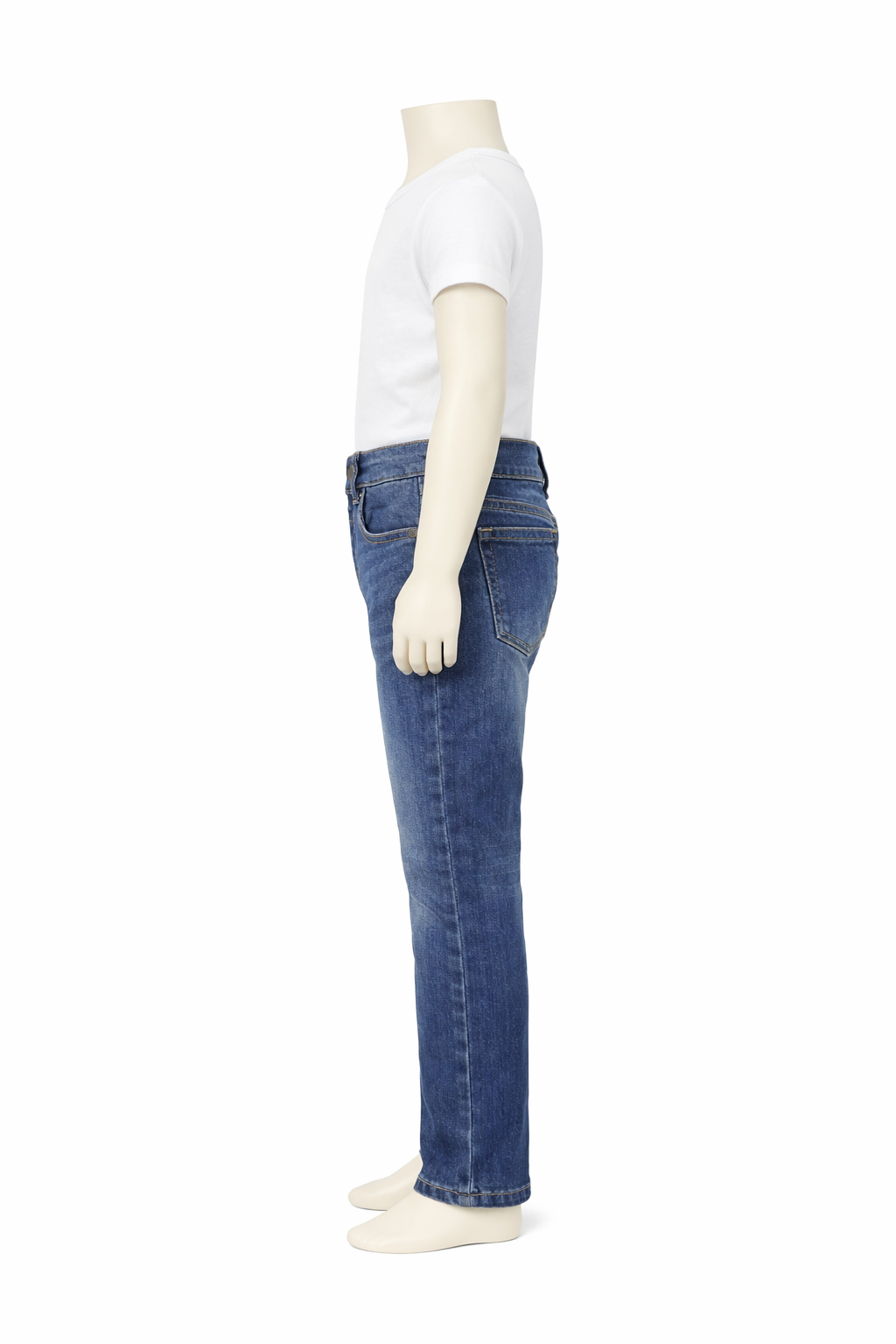 sps-kids-denim-jeans-side-fit Mannequin wearing blue jeans and a white t-shirt on a white background